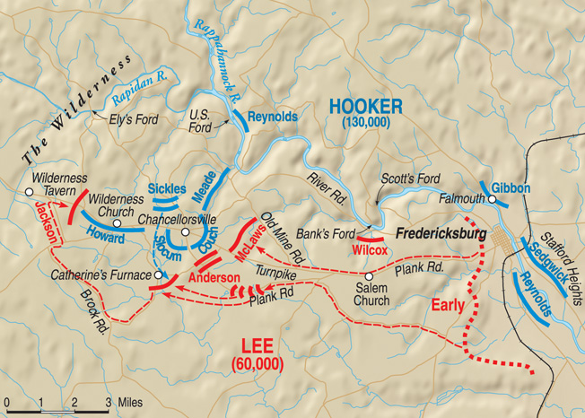 Stonewall Jackson’s audacious flank march from below Fredericksburg to Wilderness Tavern, where his II Corps surprised and routed Maj. Gen. Oliver O. Howard’s XI Corps.