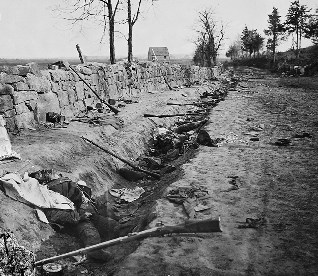 Confederate dead behind the famous stone wall at Marye’s Heights above Fredericksburg, Va.