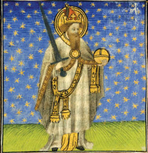 Charlemagne, who is depicted in a medieval image, assimilated the Saxons by force of arms.