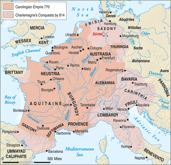 Charlemagne’s conquests are shown in light purple. Saxony was bordered to the west and south by the Carolingian empire and to the north and east by the Danes and Slavs, respectively.