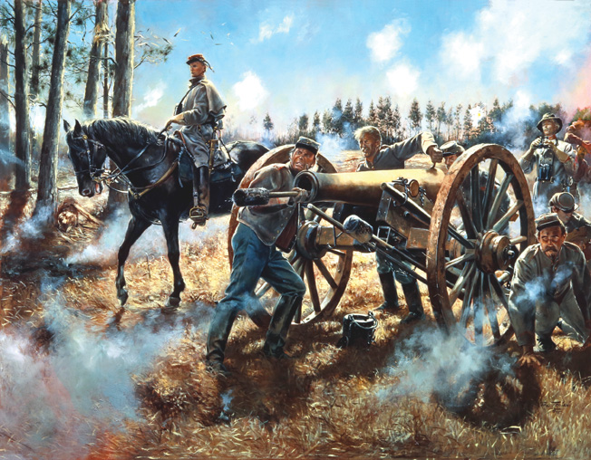 John Pelham, in command of his horse artillery, delayed advancing Federal troops at Fredericksburg, Virginia in 1862. Pelham’s daring would lead to his death at the Battle of Kelly’s Ford exactly six months later. Painting by Don Troiani.
