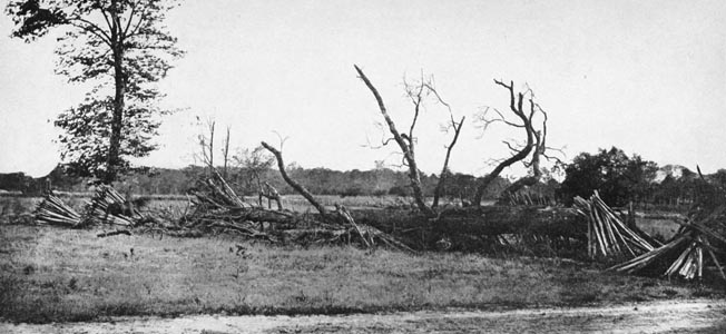 Blurred by movement, a ghostly Union horseman is barely visible at the far left of this photograph of hastily constructed Confederate breastworks at Cold Harbor. 