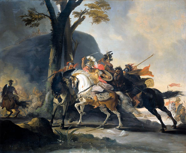 Kleitos, at far right, charges to stop the Persian Spithridates, who is behind Alexander swinging an axe. Spithridates actually wielded a kopis, and Kleitos hacked off his arm before he could strike Alexander. 