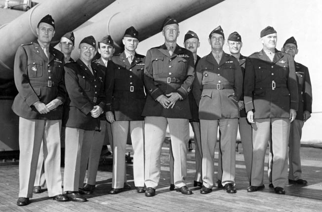 The faces of General Patton’s Western Task Force: Colonel Hobart “Hap” Gay, Patton’s chief of staff; Patton; Colonel Kent Lambert, chief of operations; Maj. Gen. Geoffrey Keyes, Patton’s deputy commander; and Captain Richard Jensen, Patton’s aide-de-camp. Gay reprimanded Craig for a vehicle breakdown, while Jensen befriended Craig.