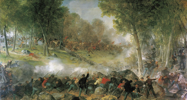 Confederates in the 1st Maryland Regiment storm Culp’s Hill behind their faithful black Labrador mascot. The dog was later buried with full military honors by Union troops. Painting by Peter E. Rothermel.