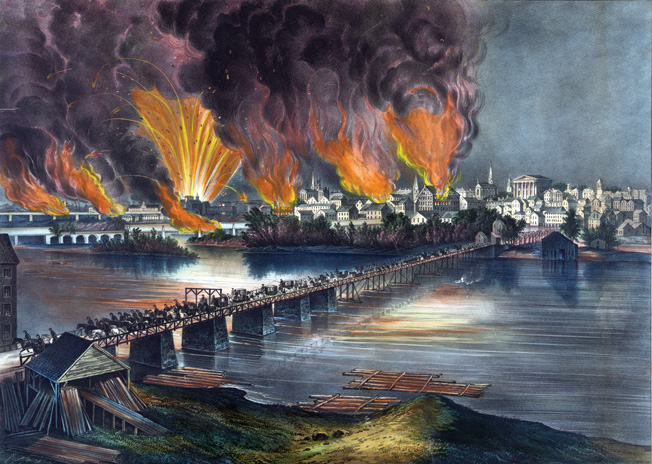 Richmond burns in the distance as Confederate troops, government officials, and panicked civilians flee the Confederate capital on the night of April 3, 1865.