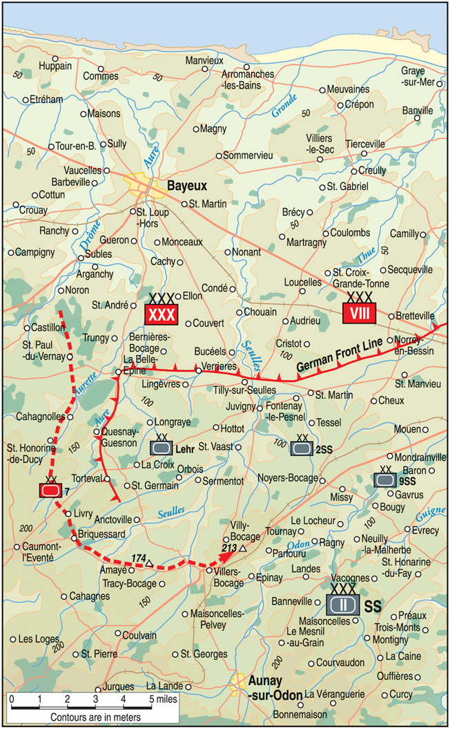 Montgomery’s plan for taking Caen involved securing the high ground northeast of Villers-Bocage.