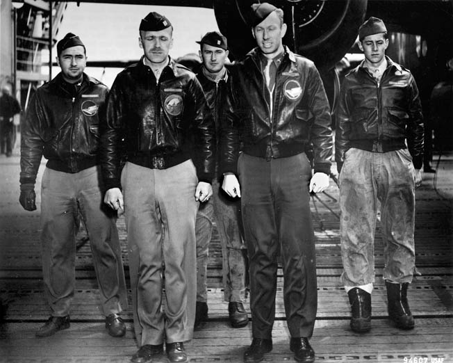 Crew of Plane 8, interned in Russia (left to right): Lieutenant Nolan A. Herndon, bombardier/navigator; Captain Edward J. York, pilot; Sergeant Theodore H. Laban, flight engineer/gunner; Lieutenant Robert Emmens, co-pilot; Sergeant David W. Pohl, gunner, not shown.