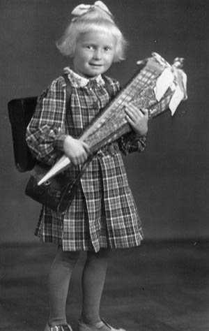 Six-year-old Dorothy Lobes, photographed on her first day of school, September 1941.