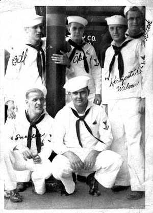 Ed Reynolds (kneeling, center) and some of his shipmates. “Snapper” and “Okie” are among those Ed mentions in his diary. 