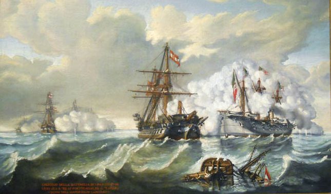 The Austrian ship Kaiser (center) has just rammed the Italian ship Re di Portogallo (right). The Kaiser advanced on the extreme left wing of the Austrian wedge that steamed into the Italian vanguard.
