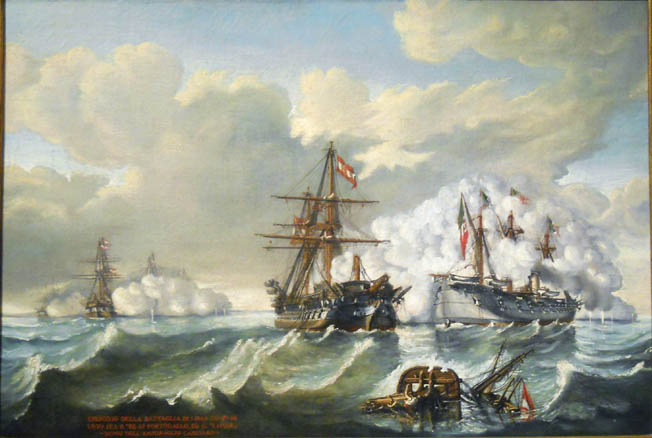 The Austrian ship Kaiser (center) has just rammed the Italian ship Re di Portogallo (right). The Kaiser advanced on the extreme left wing of the Austrian wedge that steamed into the Italian vanguard.