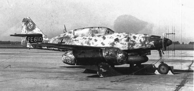 The night fighting version of the Me 262 features radar antenna on the nose and a second seat for a radar operator.