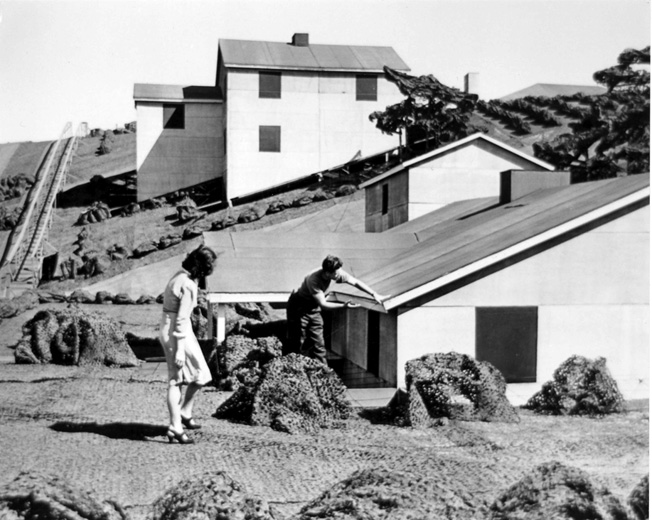 Boeing workers Suzette Lamaroux and Vern Manion inspect one of the rooftop bungalows above Plant 2 (“Boeing Wonderland”) in Seattle, July 1945. Such elaborate deception may seem today like an unnecessary waste of time and resources, but it calmed the fears of those who worked there.