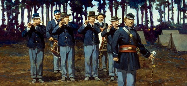 Union regimental musicians play a parade ground camp call in the Keith Rocco painting, The Fifes and Drums.