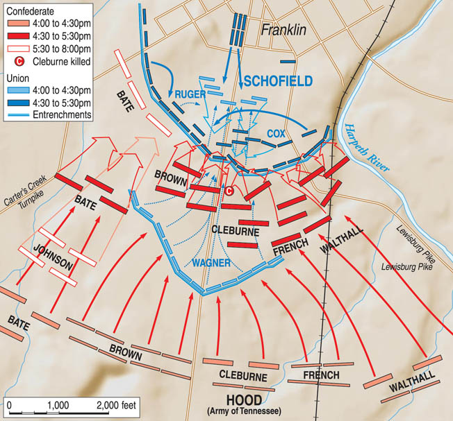 Angered by his failure to catch the Union army at Spring Hill, Confederate General John Bell Hood launched a suicidal frontal assault across two miles of open ground at the horseshoe-shaped defenses below Franklin. Fourteen Confederate generals were among the 7,000 casualties suffered in just five hours of fighting.