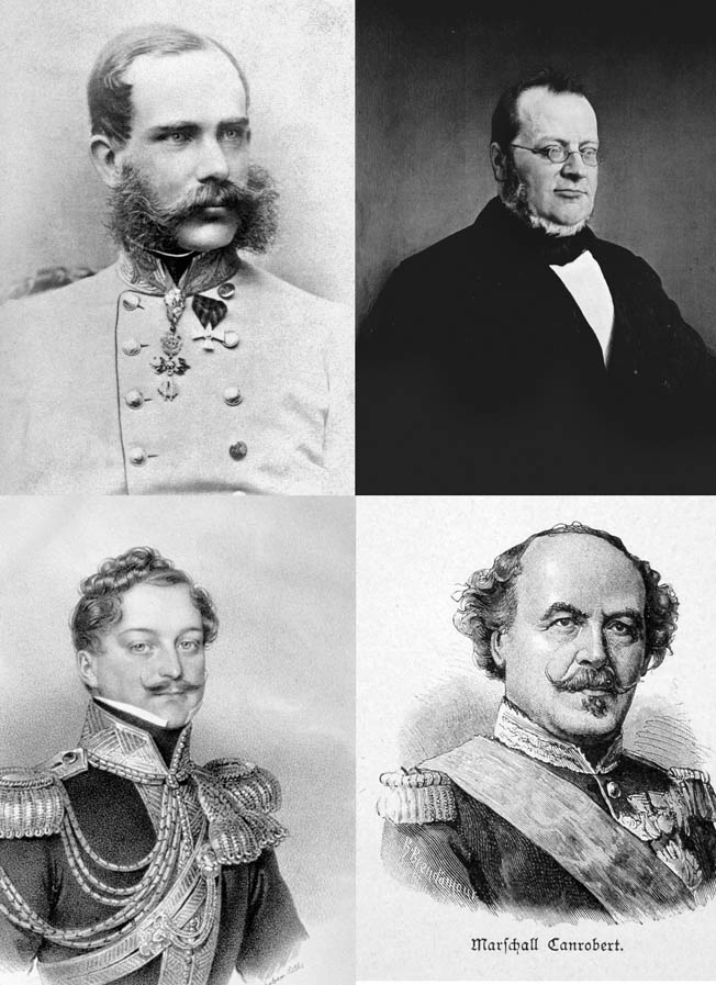 Clockwise from top left: Austrian Emperor Franz Josef, Piedmont-Sardinian Prime Minister Count Camillo Benso, French General Francois Canrobert, and Austrian Field Marshal Count Ferenc Gyulay.