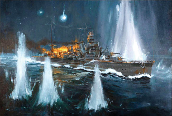 With a fire blazing out of control astern, the doomed Japanese cruiser Furutaka is bracketed by American large caliber shells during the battle. The only cruiser sunk during the fight, Furutaka was an early target as the Americans achieved complete surprise.