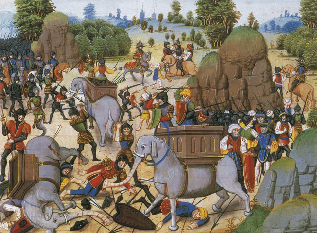 A 14th-century illustration of Alexander’s great victory at the Hydaspes shows the adversaries dressed in the style of the Middle Ages. Hydaspes was the final chapter in Alexander’s legendary military career.