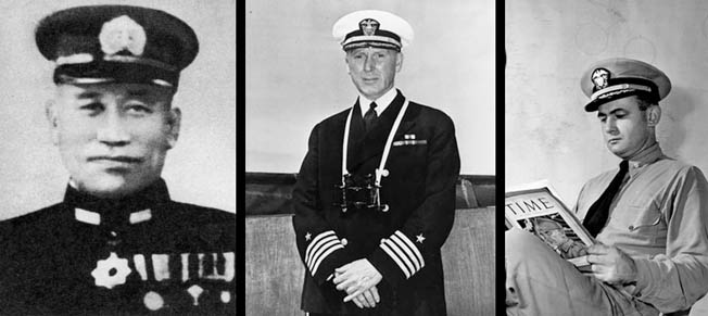 Left to Right: Rear Admiral Aritomo Goto commanded the Japanese flotilla that was pounded by American cruisers and destroyers during the Battle of Cape Esperance off Guadalcanal on October 11, 1942. Admiral Norman Scott commanded U.S. Navy Task Force 64, which defeated the Japanese at Cape Esperance. He was killed in action a month later during the First Naval Battle of Guadalcanal. Lt. Cmdr. Bruce McCandless breathed a sigh of relief when the cruiser Salt Lake City narrowly averted firing on his own ship, the cruiser USS San Francisco.