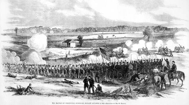 Battle of Perryville, Kentucky, on 8 October 1862. Contemporary engraving.