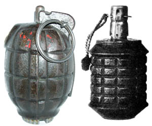 Modern grenades generally are constructed of cast iron or one or two layers of steel or tinplate. Pictured from left to right are a World War II British Mills Bomb and a Japanese Type 97 grenade.