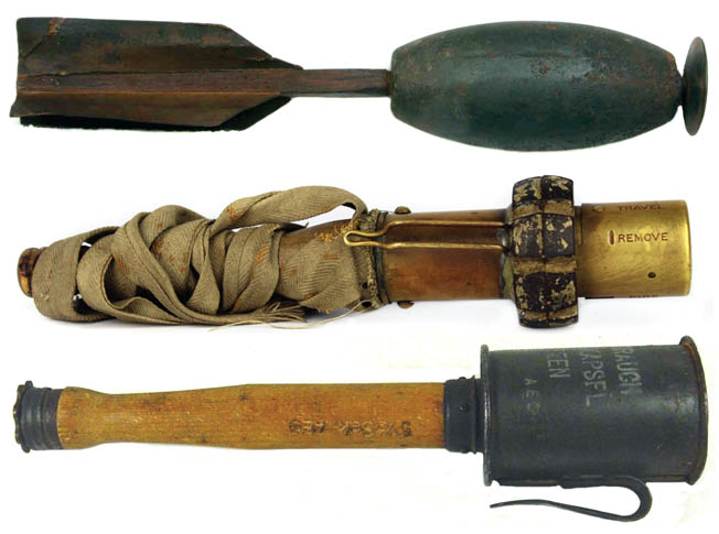 TOP: New Yorker William F. Ketchum patented the Ketchum hand grenade for the Union Army in 1861, but it proved largely unreliable since it had to land on its nose to detonate. MIDDLE: An early British World War I grenade used by the Japanese during the Russo-Japanese War with streamers and a cast iron fragmentation ring. BOTTOM: A World War II German “potato masher” stick grenade could be thrown much farther than other designs because of the torque achieved with the hollow wooden handle.