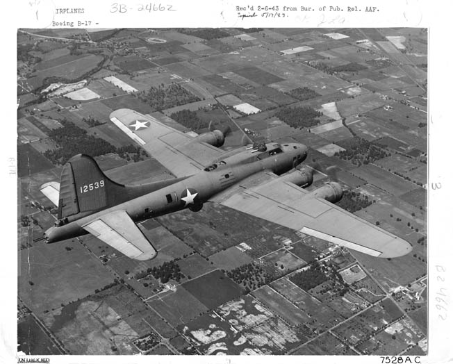 Photographed in 1943, this image of a new Boeing B-17 Flying Fortress bomber presents an excellent view of the four-engine aircraft that was instrumental in prosecuting the air war against Nazi Germany. The tail gunner’s position is visible at lower left. 