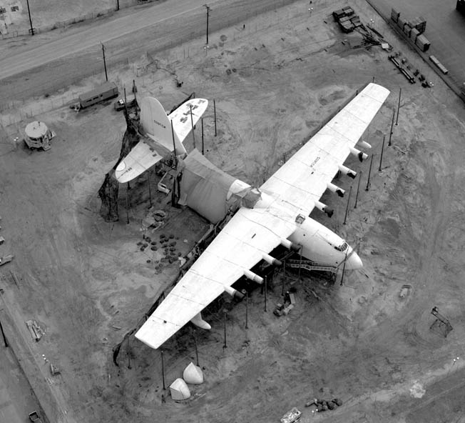 An aerial view of the H-4 Hercules shows its impressive size. The plane was almost 219 feet long from nose to tail and had a wingspan of 320 feet. 