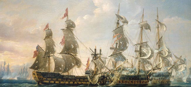 The HMS Captain captures the 80-gun San Nicolas and the 112-gun San Josef. Horatio Nelson realized that the British fleet might not be able to prevent the Spanish from reuniting the two sections of their fleet, so he broke formation to intercept the Spanish flagship Santisima Trinidad, buying time for the rest of the British fleet to engage the Spanish.
