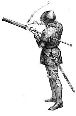 A soldier fires a so-called hand-gonne consisting of a short tube mounted on a stick. He ignited the gunpow- der through a touchhole using a hot coal or piece of slow match.