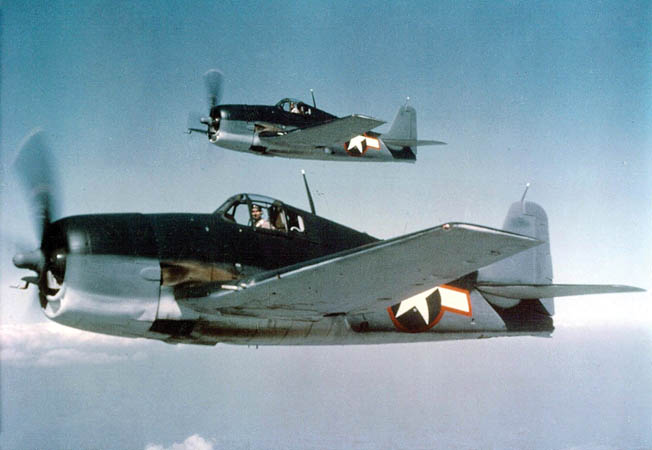 Two U.S. Navy F6F-3 Hellcats in tricolor camouflage, photographed in 1943. 