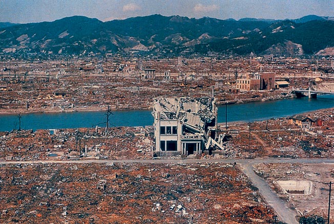 Hiroshima photographed in 1946. Heat and shock waves vaporized people and incinerated wooden structures.