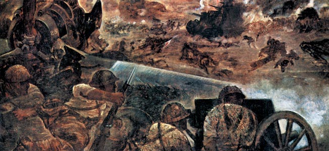This Japanese war painting shows defenders taking cover behind wrecked U.S. equipment while firing on advancing Marines. 