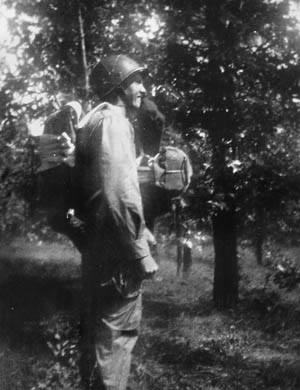 Nobles shown fully equipped for a parachute jump during training with the 508th Parachute Infantry Regiment at Camp Mackall, North Carolina. Bette came to see some of his jumps.