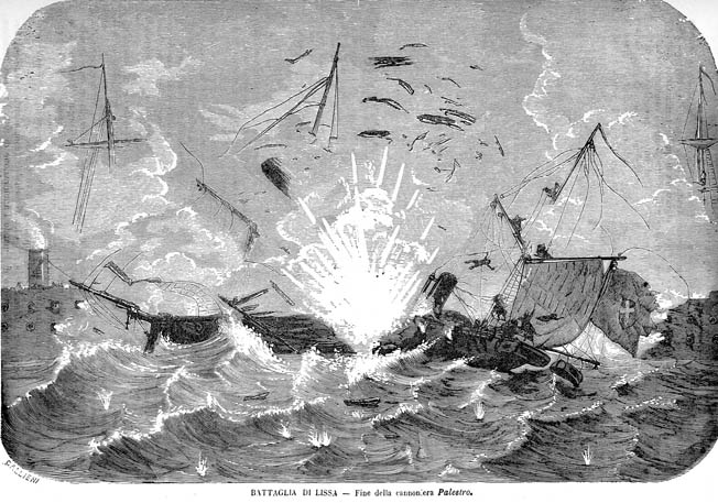 Austrian shot set the wardroom of the Palestro on fire and flames ignited some shells stored outside the magazine for easier access during the battle. The ensuing explosion after the battle killed the majority of her crew.