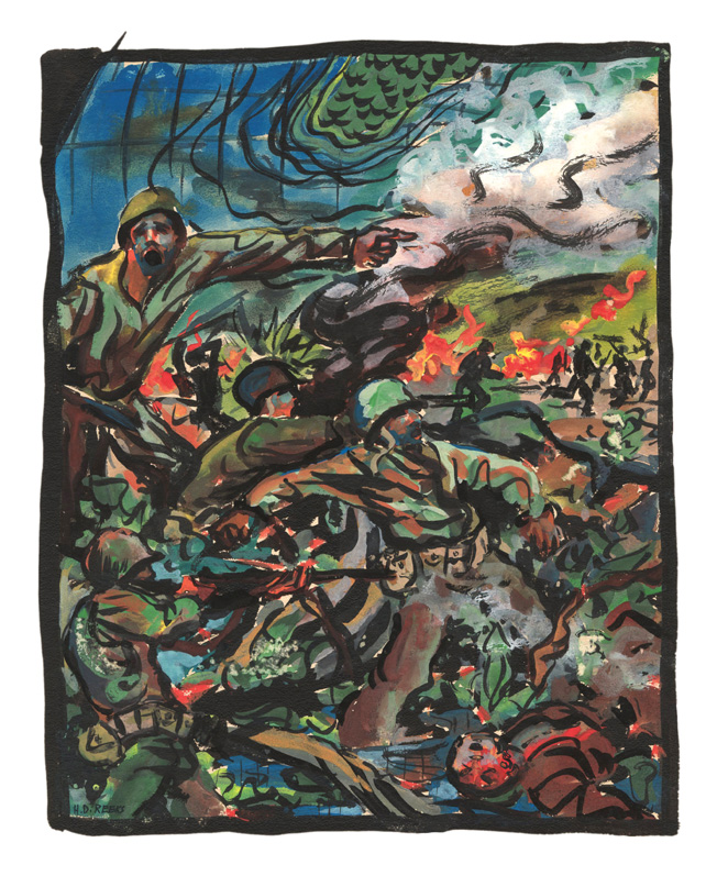 The horror and chaos of battle is captured in this expressionist painting of Marines in combat by artist Harry Reeks. Chaplain E. Gage Hotaling recalled being attacked on February 22, 1945, by Japanese aircraft on Iwo Jima: “They came in fast from the sea right over the beach and up to the airfield and dropped their bombs right at the edge of the airfield, about 200 yards from us. That scared me so that I started to shiver again, and shivered and shook for quite a while.”