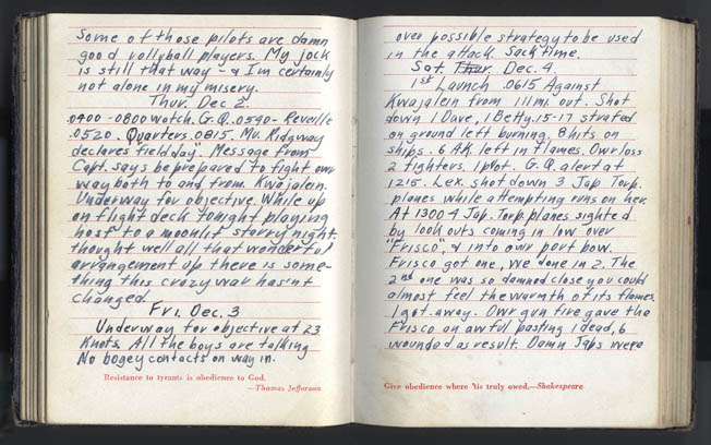 Ed Reynolds’s diary pages from December 2-4, 1943, detailed his thoughts during the battle for Kwajalein. 