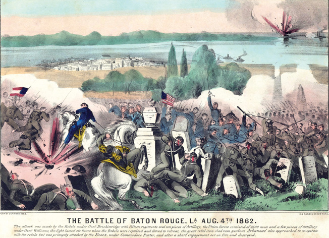 Union and Confederate troops battle among the tombstones in a Baton Rouge cemetery during a failed attempt by Rebel forces to retake the city in the summer of 1862.