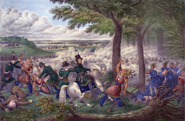 Colonel Richard Johnson shoots down Indian leader Tecumseh in this fanciful engraving. Although Johnson did kill one Indian leader, he never claimed specifically to have dispatched Tecumseh.