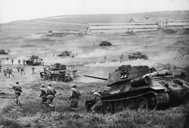 Soviet T-34 tanks attacking in the Odessa region in April 1944. Ukrainian Front.