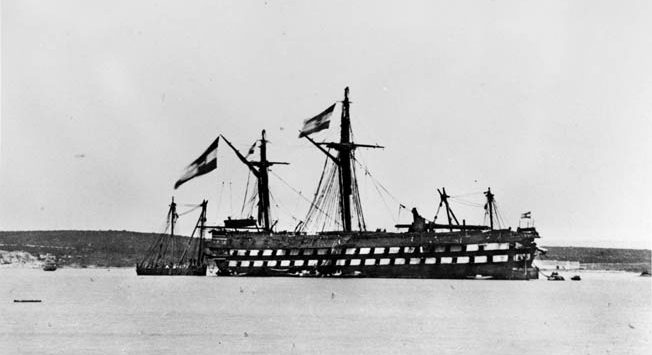 Austrian ship Kaiser undergoes repairs after the battle having suffered damage after ramming an enemy vessel.