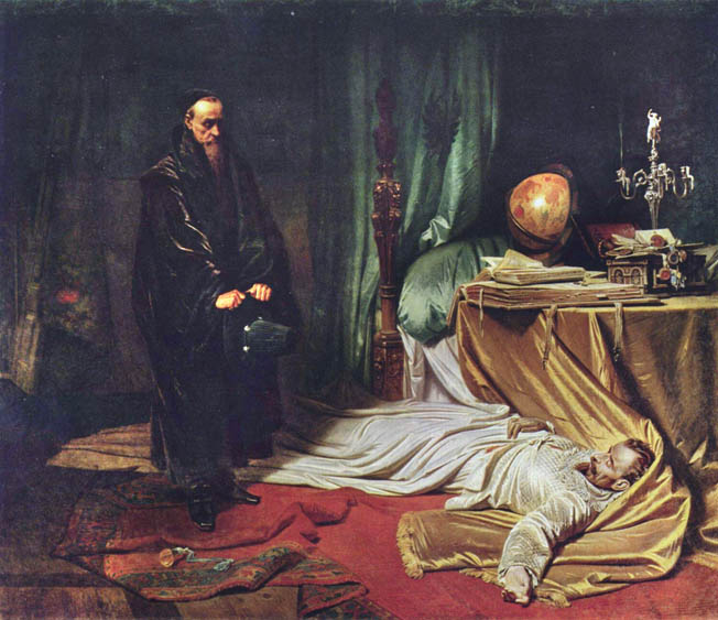 Court astrologer Seni stands watch over the body of Wallenstein, murdered at Eger in February 1634 on orders of Holy Roman Emperor Ferdinand II. Painting by Karl Theodor von Piloty.