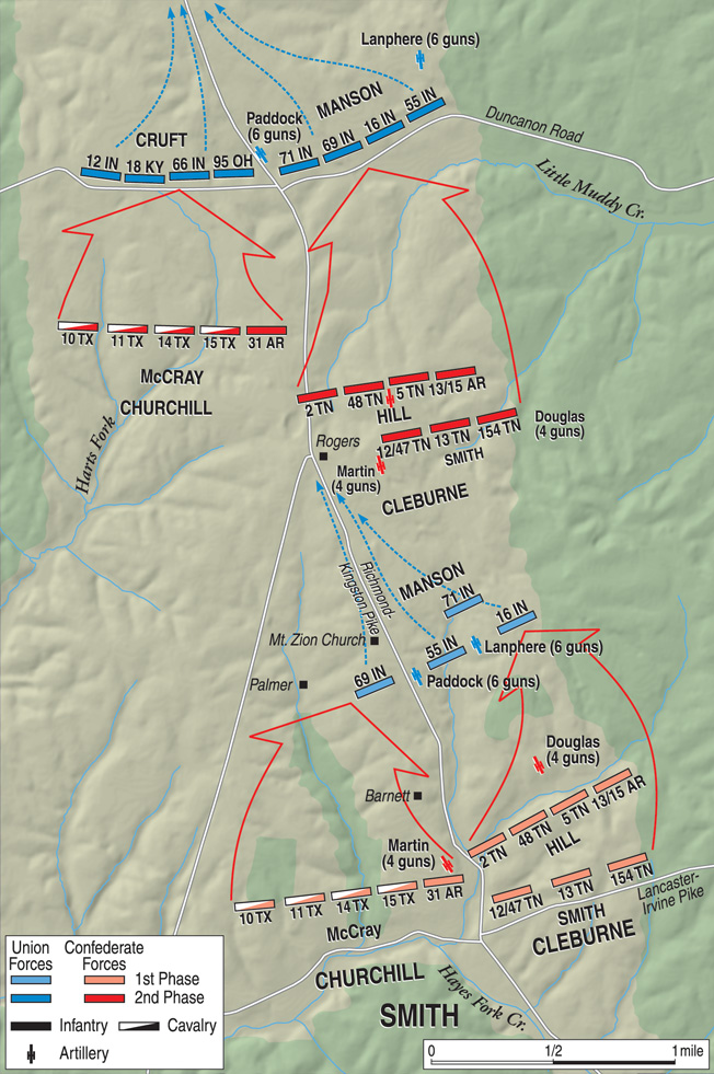 Confederate divisions under Brig. Gens. Thomas Churchill and Patrick Cleburne mounted a two-pronged assault on the inexperienced Union forces at Richmond. Cleburne, shot in the face, lost four teeth in the fighting. 