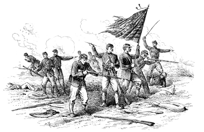 Battlefield artist Edwin Forbes sketched this iconic scene of Union troops making a stand around their colors at Richmond. Brig. Gens. Mahlon Manson and Charles Cruft organized a last-ditch defense at the city cemetery.