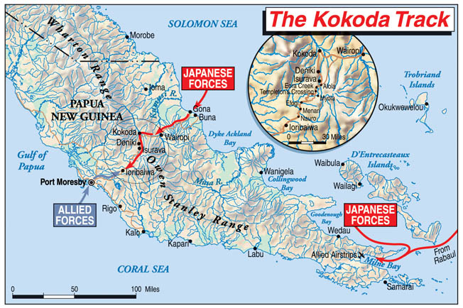 A map of World War II's Kokoda Track campaign, which consisted of a series of battles fought between July and November 1942.