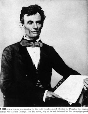 A somewhat disheveled Lincoln sports a gigantic bow tie in this 1858 photograph, believed to have been made the day after Lincoln’s first campaign speech for Douglas’s Senate seat. 