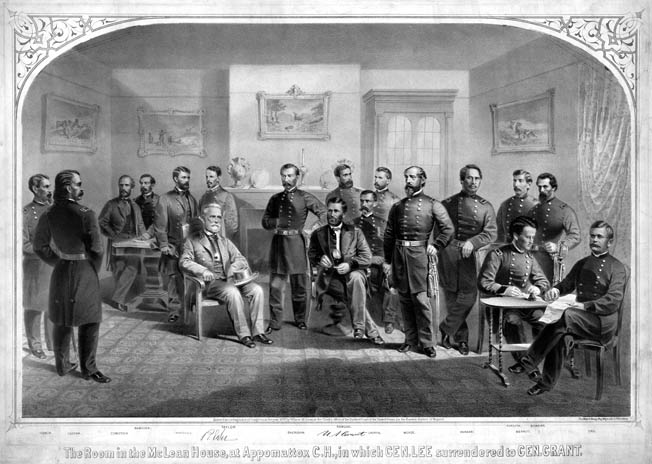 Robert E. Lee and Ulysses S. Grant, seated, wait for the surrender document to be copied. Home owner Wilmer McLean commissioned this postwar print in a futile attempt to recoup his losses after Union officers stole all his furniture that day.