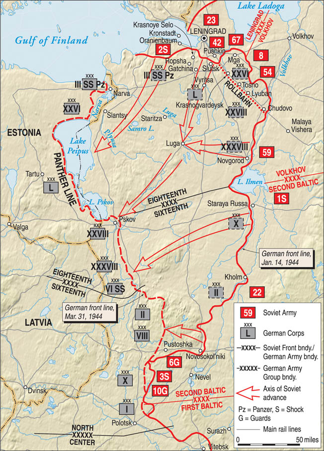 By the winter of 1943-1944, the Soviet Red Army had driven the invading Germans westward across hundreds of miles of territory. In the grip of winter, the two armies endured heavy fighting while German Army Group North attempted to withdraw to a series of fortified defensive positions known as the Panther Line.