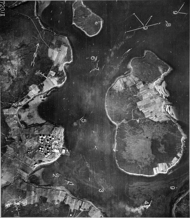 One of several German aerial photos taken of Scapa Flow before the attack. Numbers mark British ships.